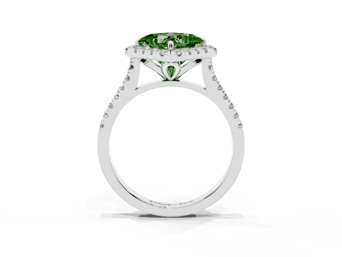 Fancy Green Princess Cut Diamond Cushion Halo Ring with Pavé Band Platinum