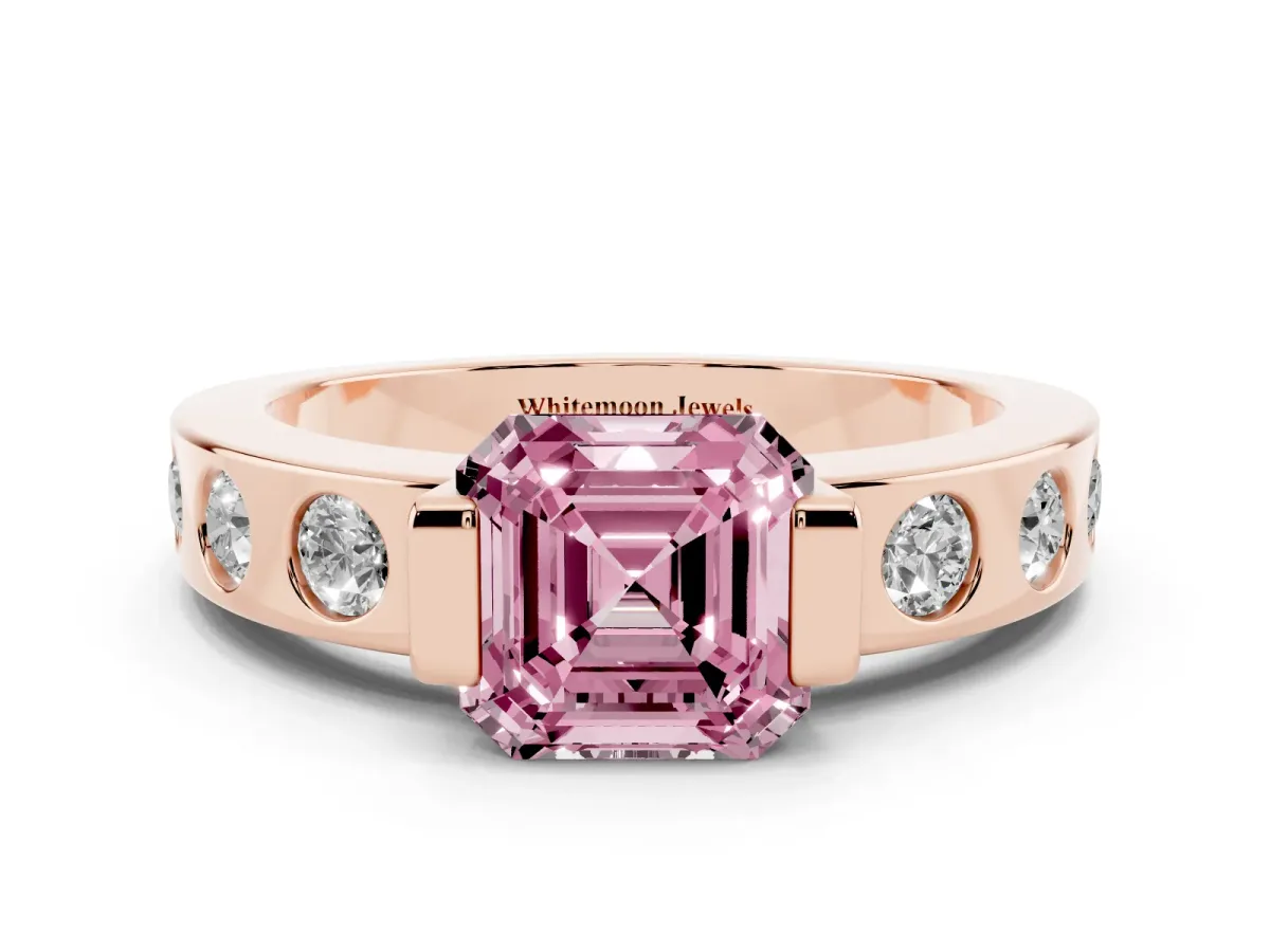 Fancy Pink Asscher Cut Brilliant Channel-Set Diamond Ring with Bezel Prong Setting Rose gold