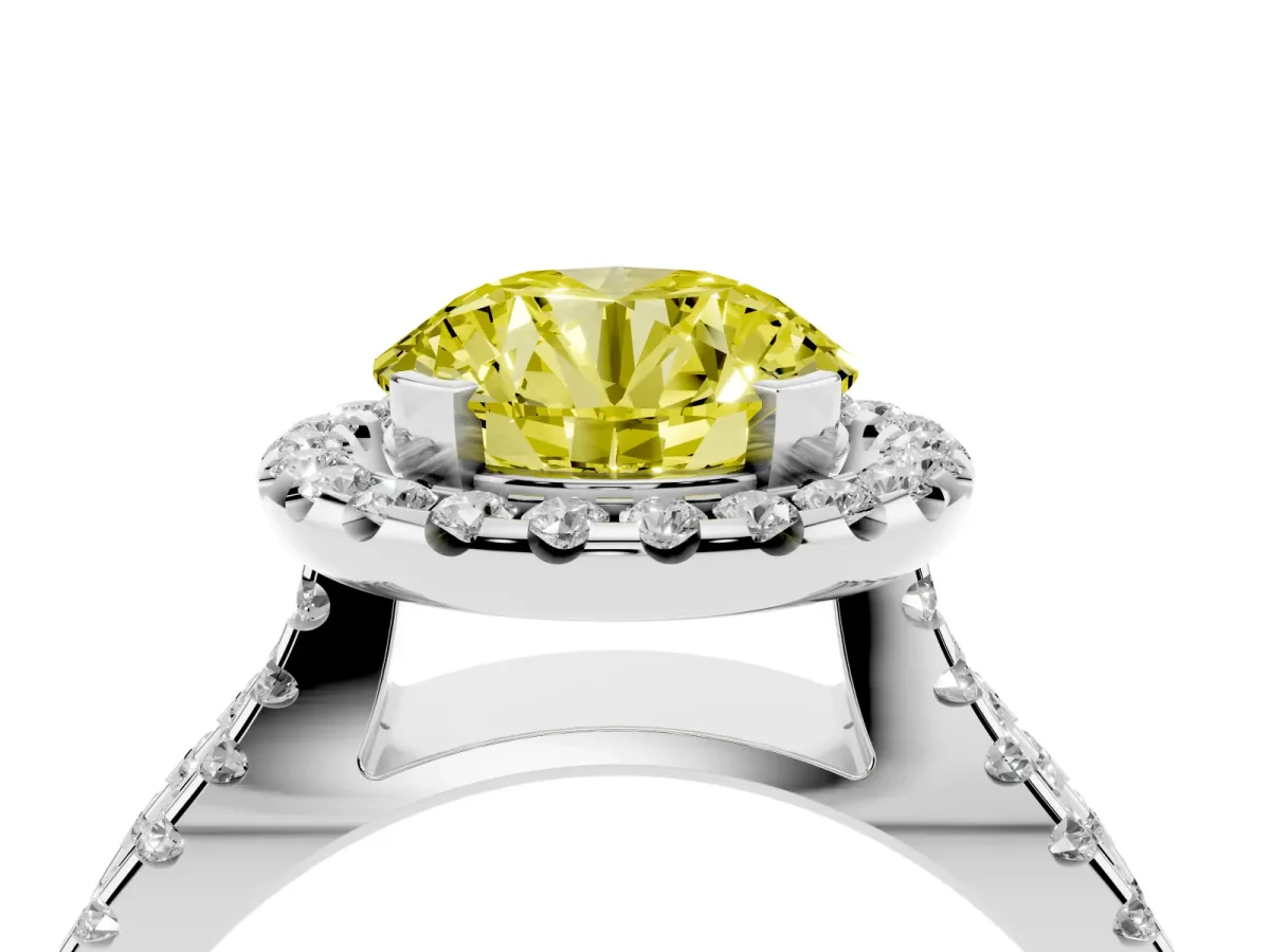 Fancy Yellow Round Cut Diamond Halo Ring with Split Shank Pavé Band and Prong Setting Silver