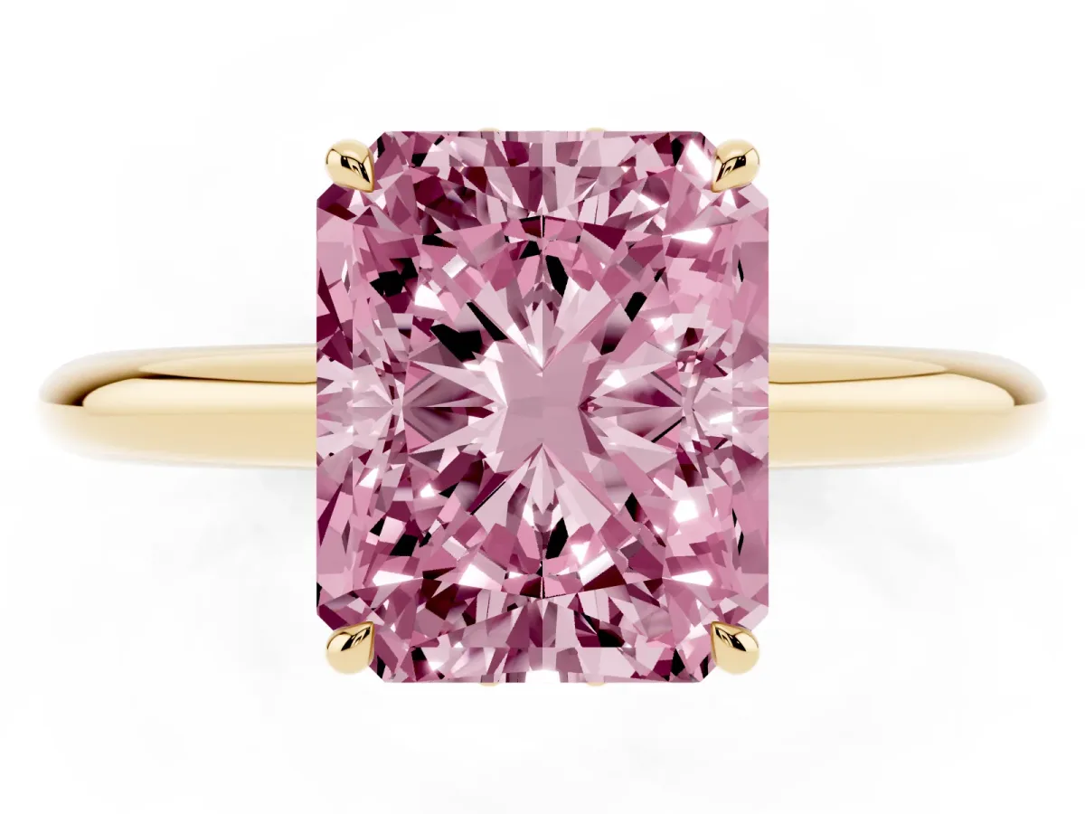 Fancy Pink Radiant Cut Brilliant Solitaire Engagement Ring with Six-Prong Setting and Classic Band Yellow gold
