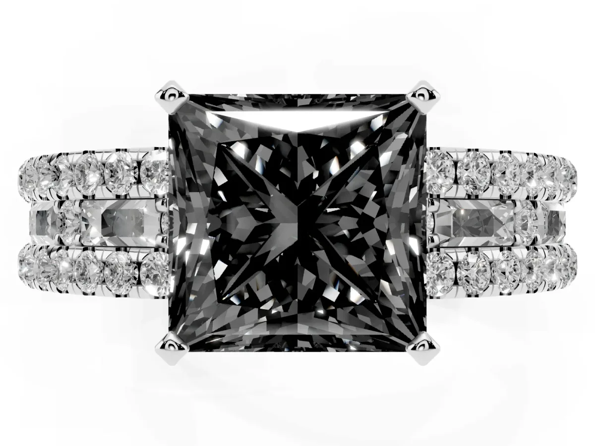 Fancy Black Princess Cut Diamond Solitaire Ring with Pavé and Channel Set Band Silver