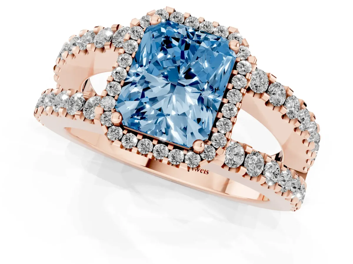 Fancy Blue Radiant Cut Cut Halo Split Shank Diamond Ring with Four-Prong Setting Rose gold