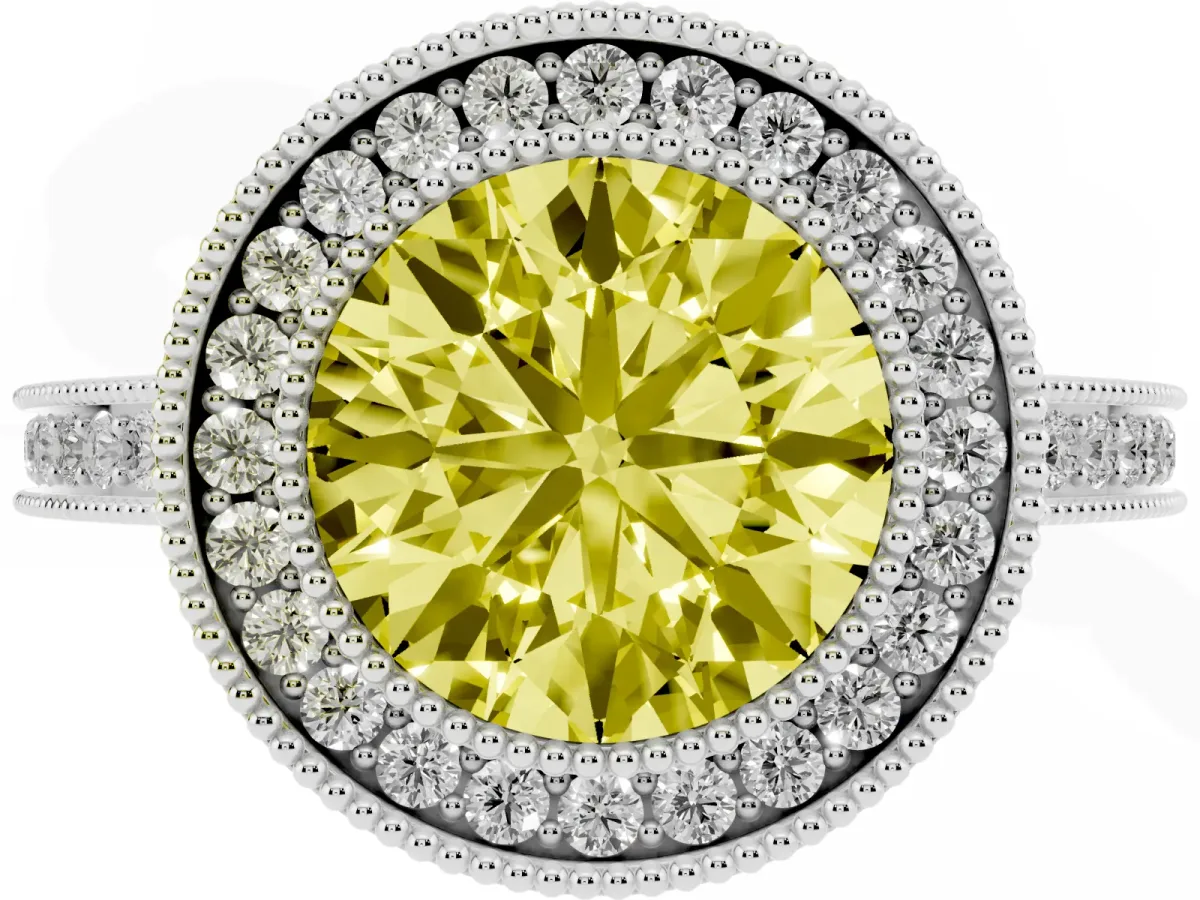 Fancy Yellow Round Cut Cut Halo Diamond Ring with Pavé Band and Milgrain Prong Setting White gold