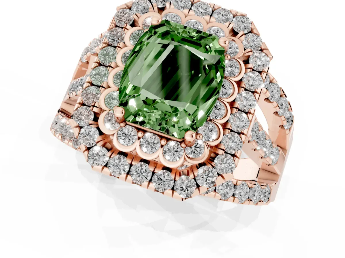Fancy Green Emerald Cut Diamond Double Halo Ring with Round Pavé Split Shank and Prong Setting Rose gold
