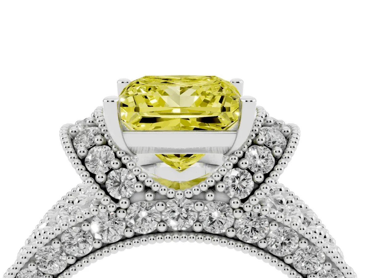Fancy Yellow Princess Cut Halo Pave Diamond Engagement Ring with Milgrain Detailing White gold