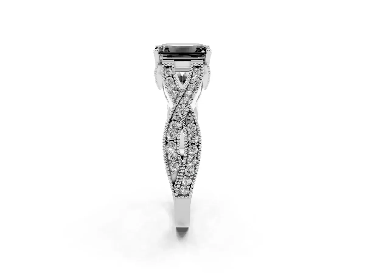 Fancy Black Emerald Cut Cut Diamond Twisted Band with Milgrain Pave Setting and Four-Prong Setting Silver