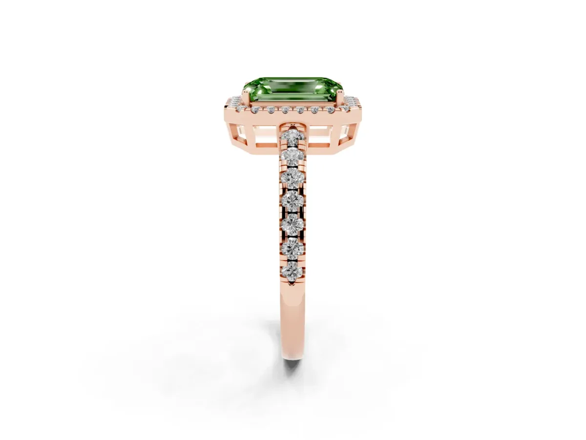 Fancy Green Emerald Cut Diamond Halo Ring with Pavé Band and Four-Prong Setting Rose gold