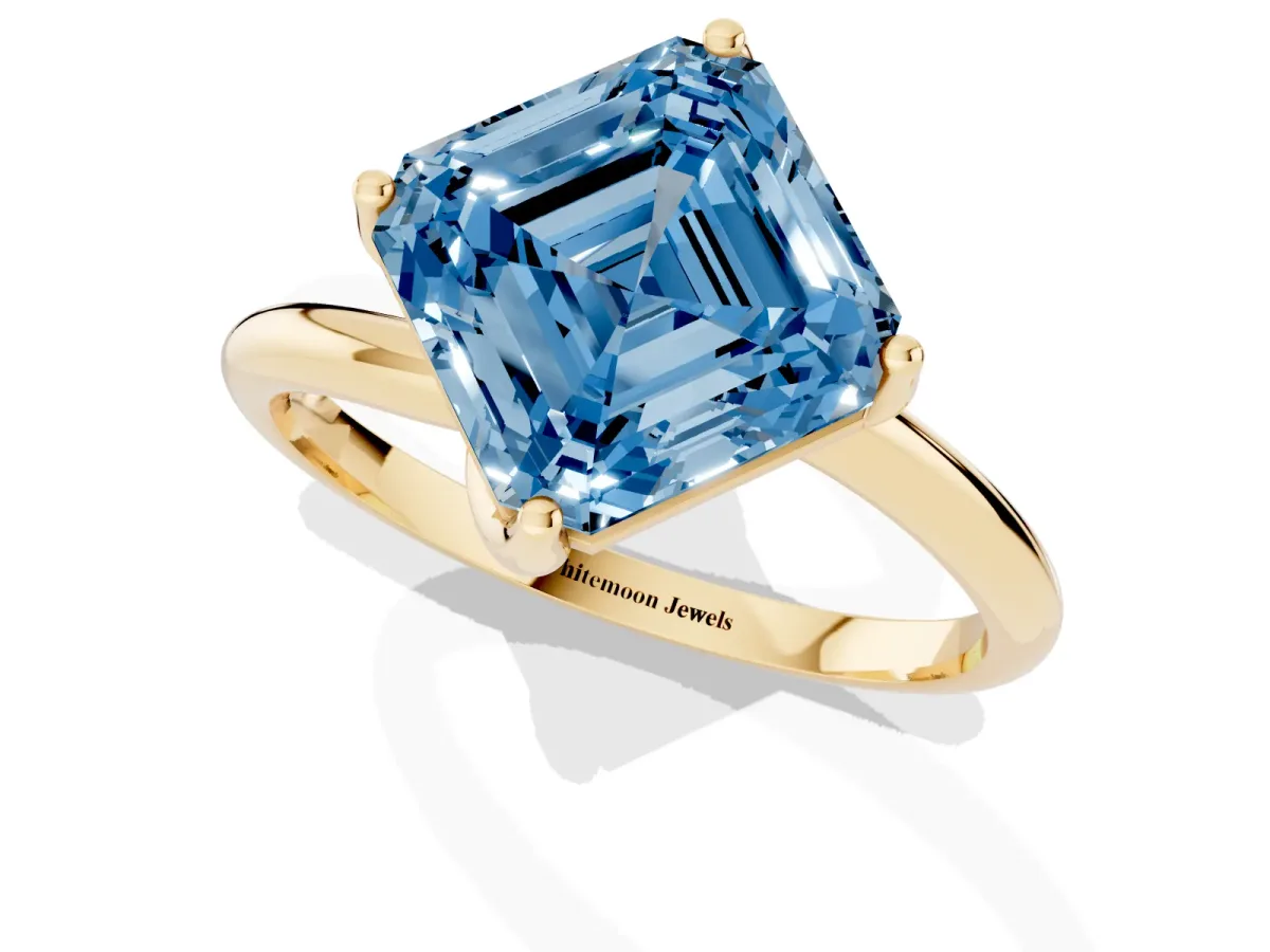 Fancy Blue Asscher Cut Diamond Solitaire Engagement Ring with Four-Prong Setting and Classic Band Yellow gold