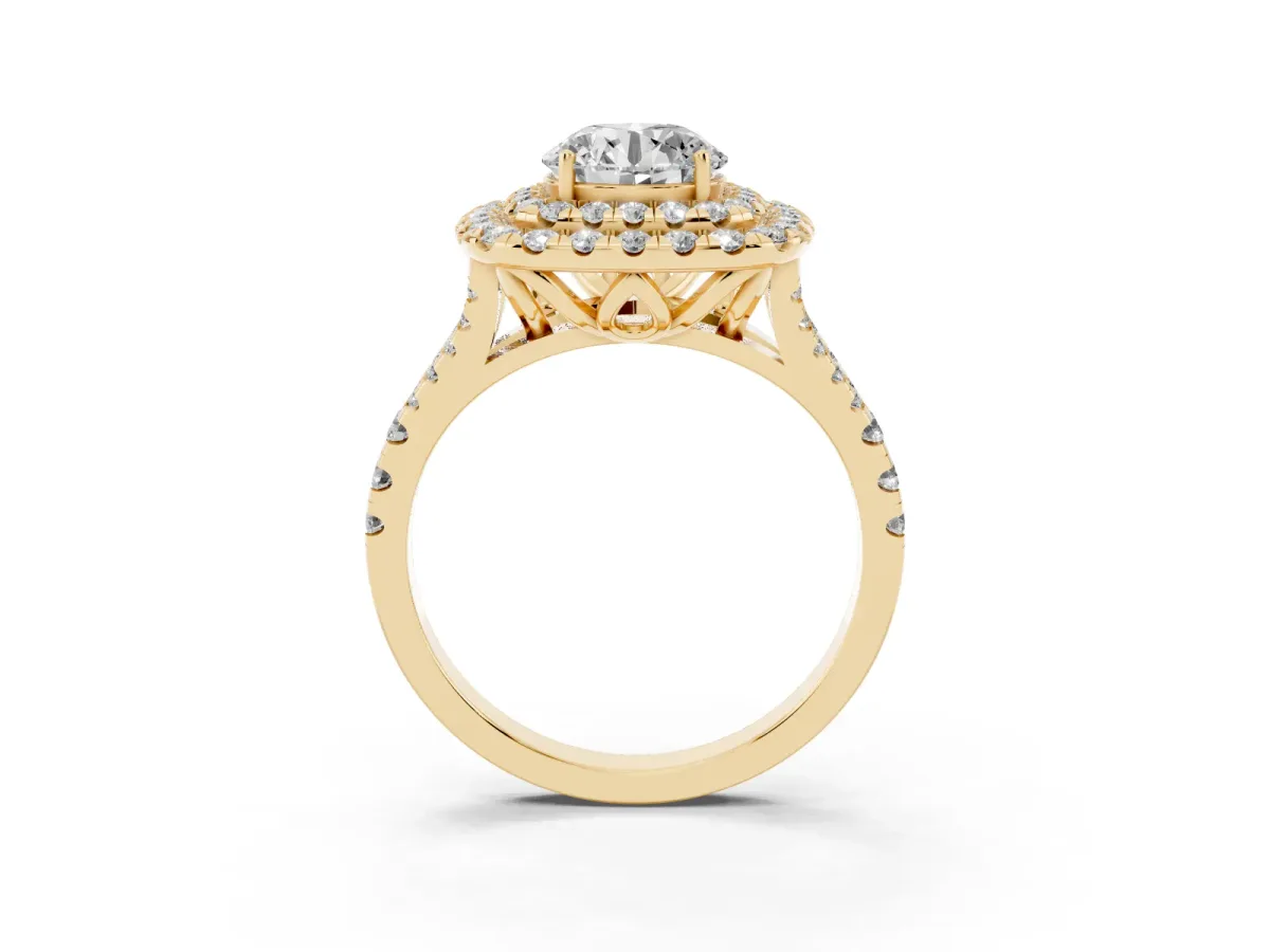 Double Halo Round Cut Diamond Pavé Split Shank Ring with Prong Setting Yellow gold