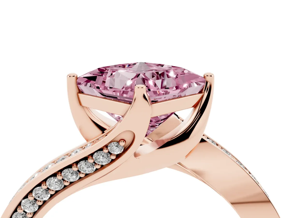 Fancy Pink Princess Cut Solitaire Diamond Twist Band with Pavé Setting and Four-Prong Setting Rose gold