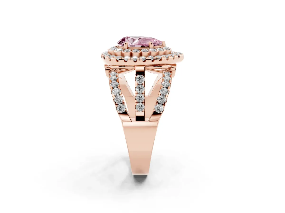 Fancy Pink Pear Cut Diamond Double Halo Ring with Round Pavé Split Shank and Prong Setting Rose gold