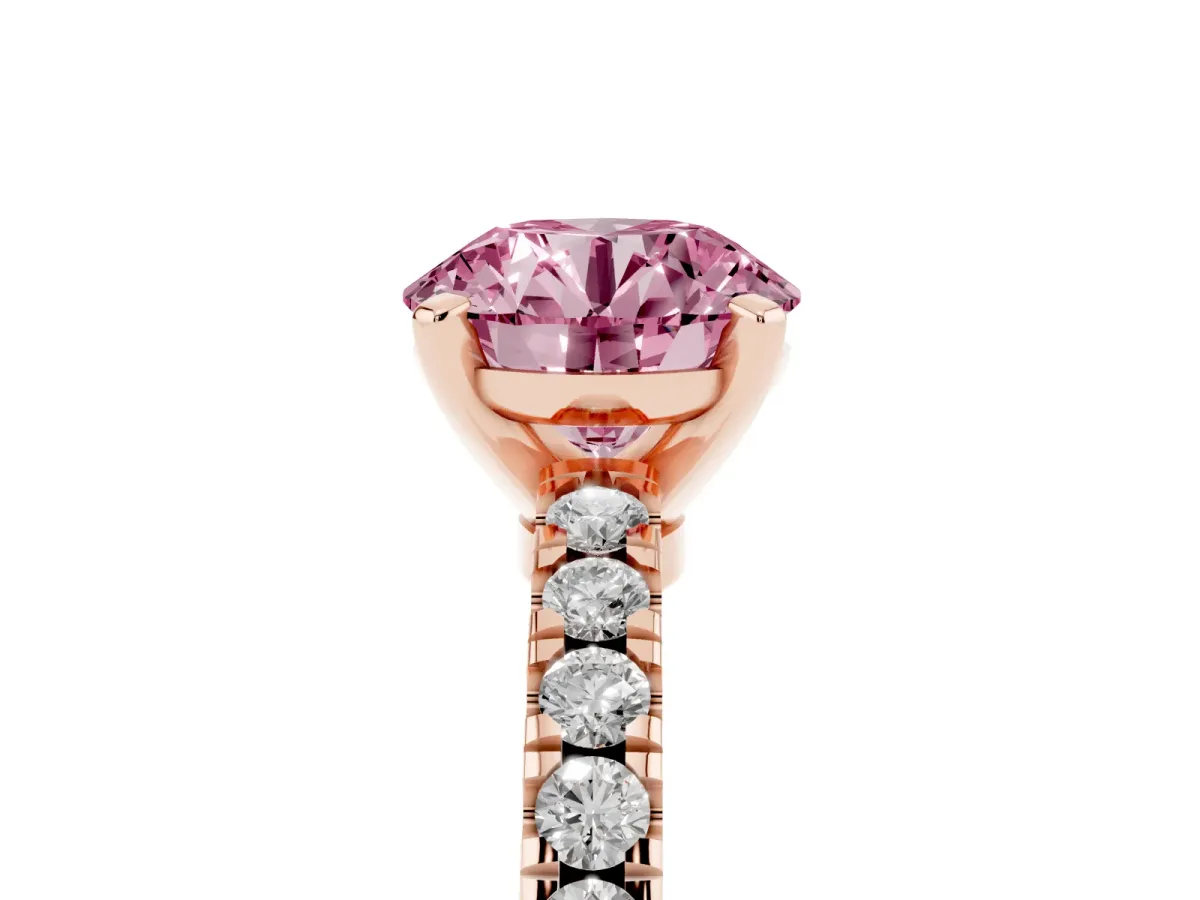 Fancy Pink Round Cut Solitaire Diamond with Pavé Band and Four-Prong Setting Rose gold
