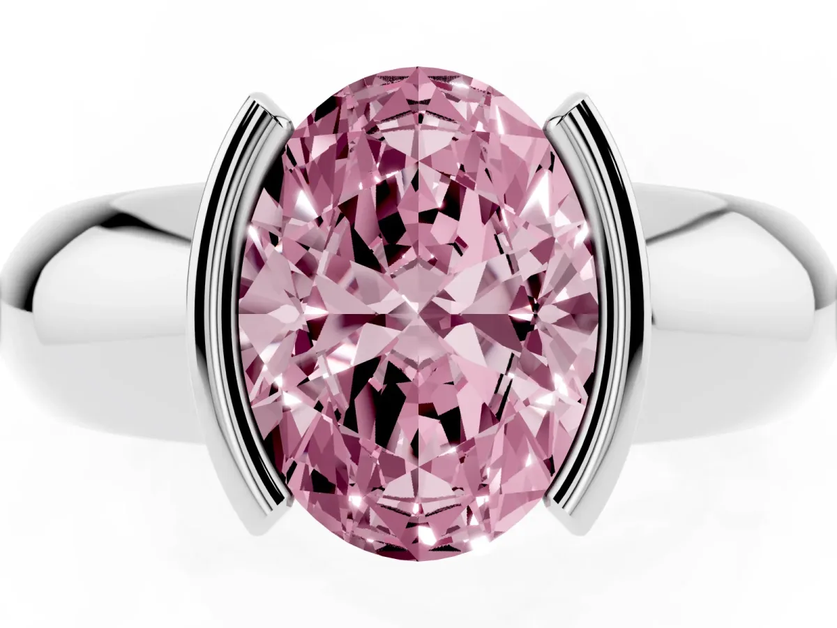 Fancy Pink Oval Cut Solitaire Tension Set Diamond Ring with Wide Band White gold