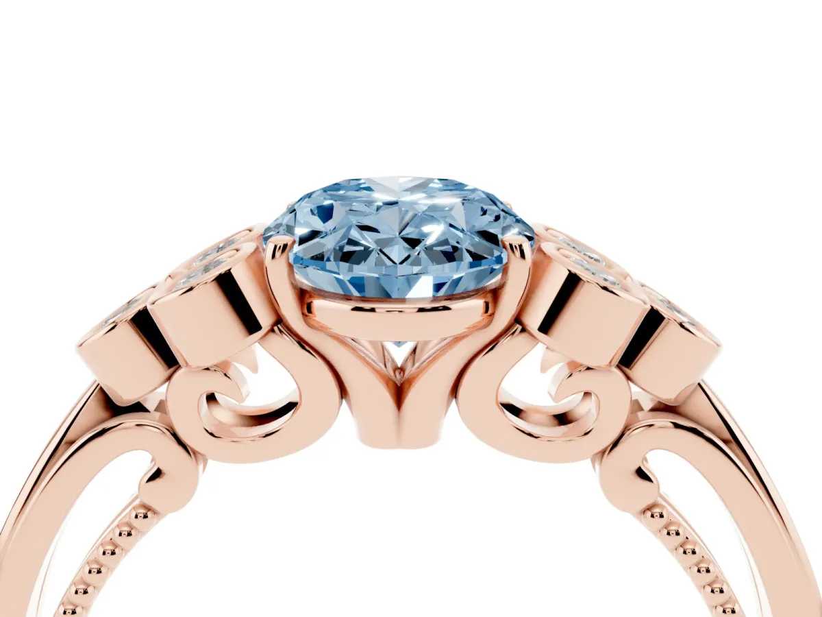 Fancy Blue Oval Cut Cut Diamond Engagement Ring with Bezel Set Round Side Stones and Prong Setting Rose gold