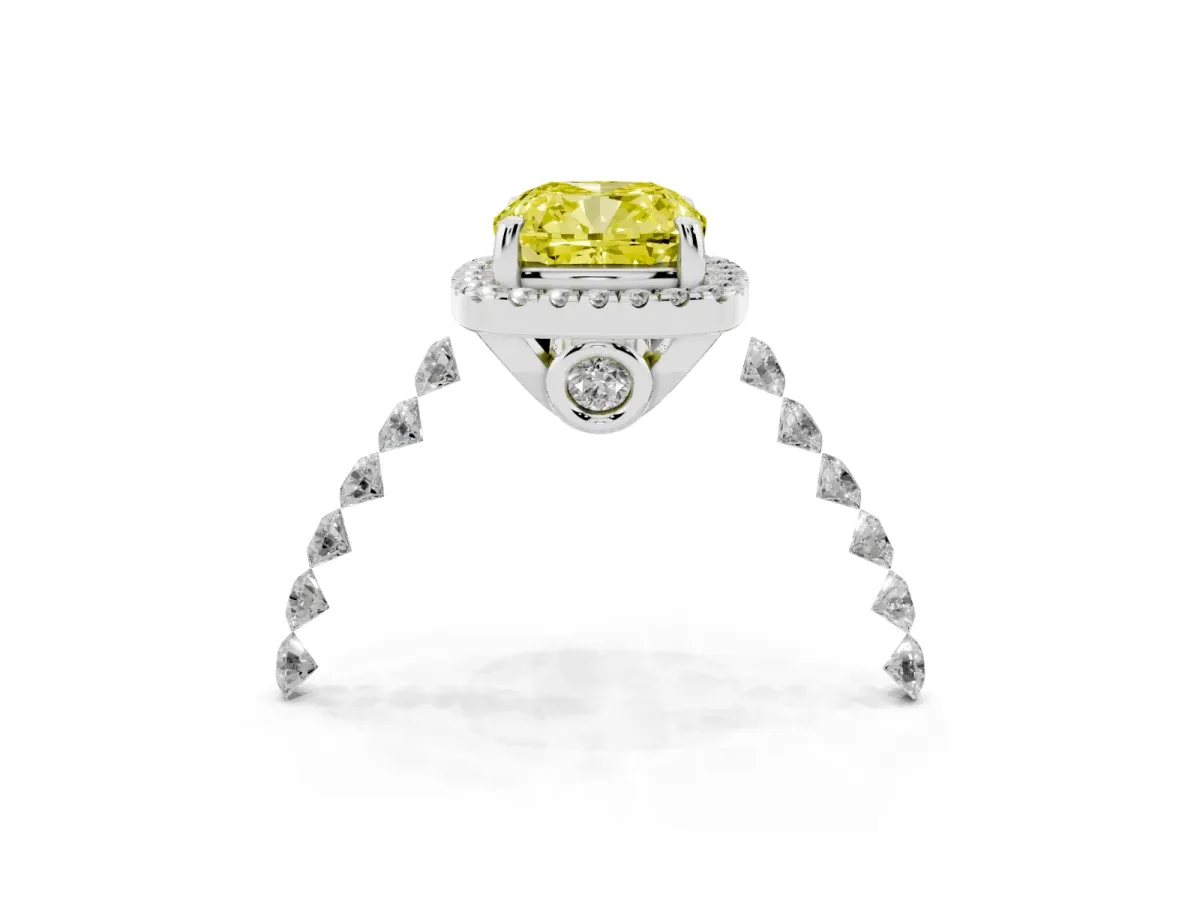 Fancy Yellow Cushion Cut Halo Pavé Diamond Engagement Ring with Four-Prong Setting White gold