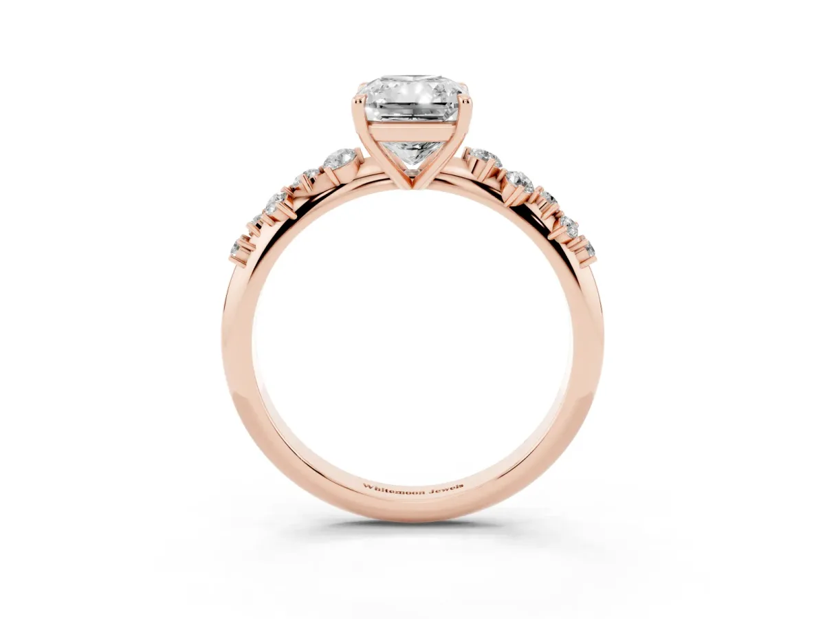 Radiant Cut Diamond Cluster Side Stone Solitaire Ring with Prong Setting Rose gold