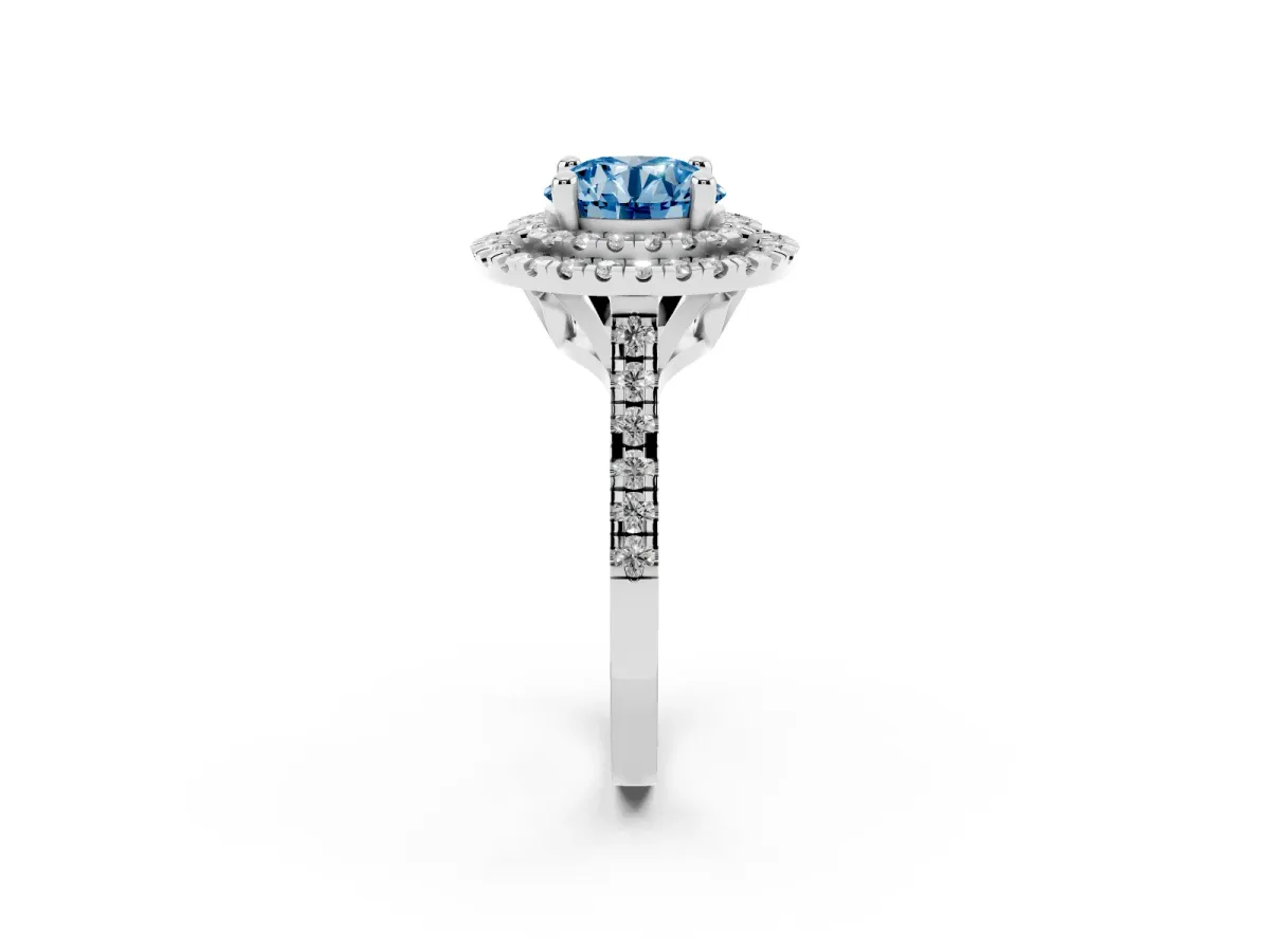 Fancy Blue Double Halo Round Cut Diamond Pavé Band with Four-Prong Setting Silver