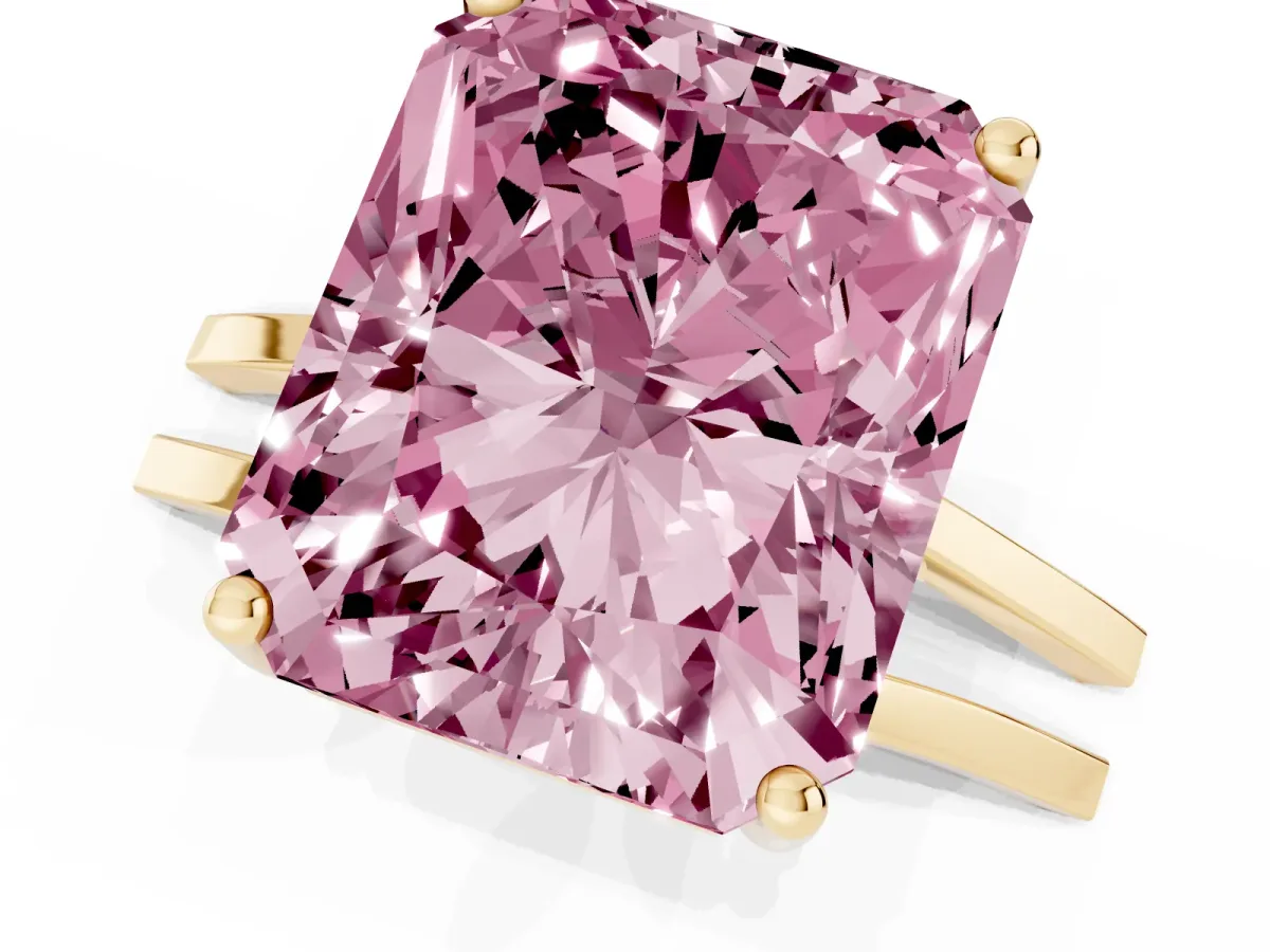 Fancy Pink Radiant Cut Cut Diamond Solitaire Engagement Ring with Tapered Plain Band and Four-Prong Setting Yellow gold