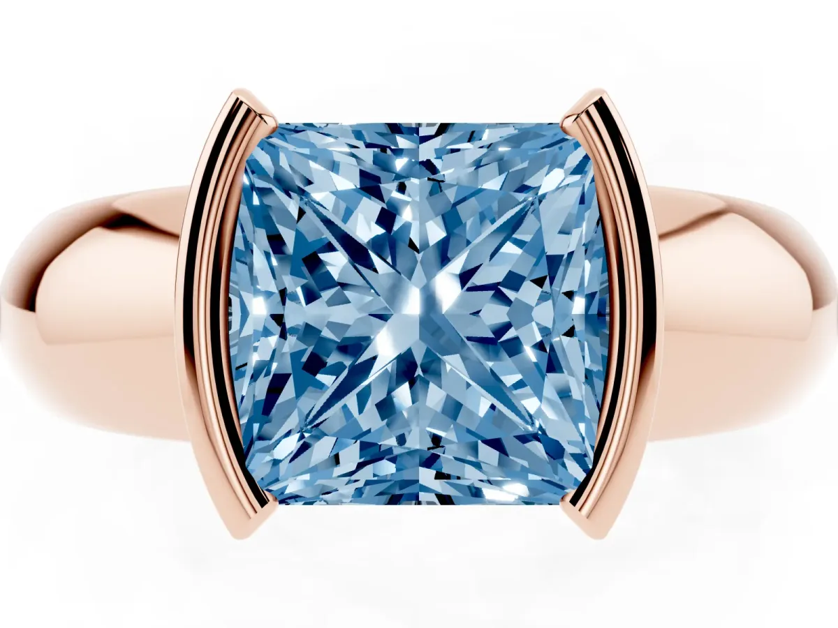 Fancy Blue Princess Cut Solitaire Tension Set Diamond Ring with Wide Band Rose gold