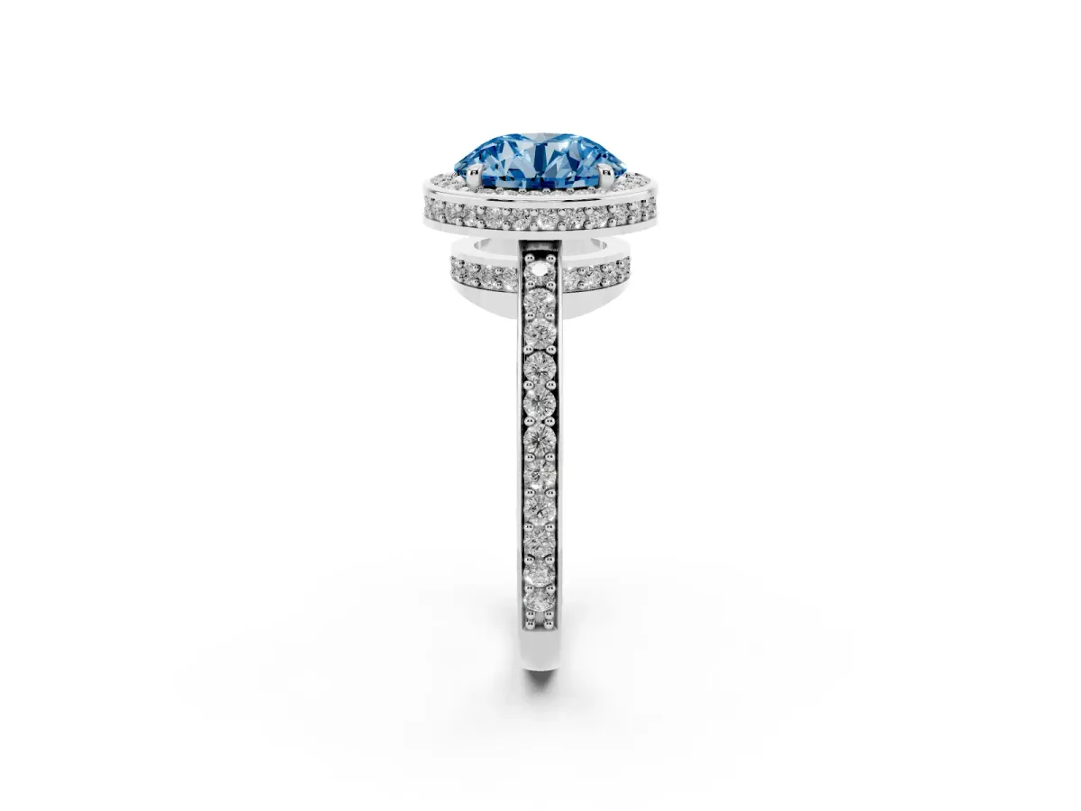 Fancy Blue Round Cut Halo Pave Band Solitaire Ring with Prong Setting Silver