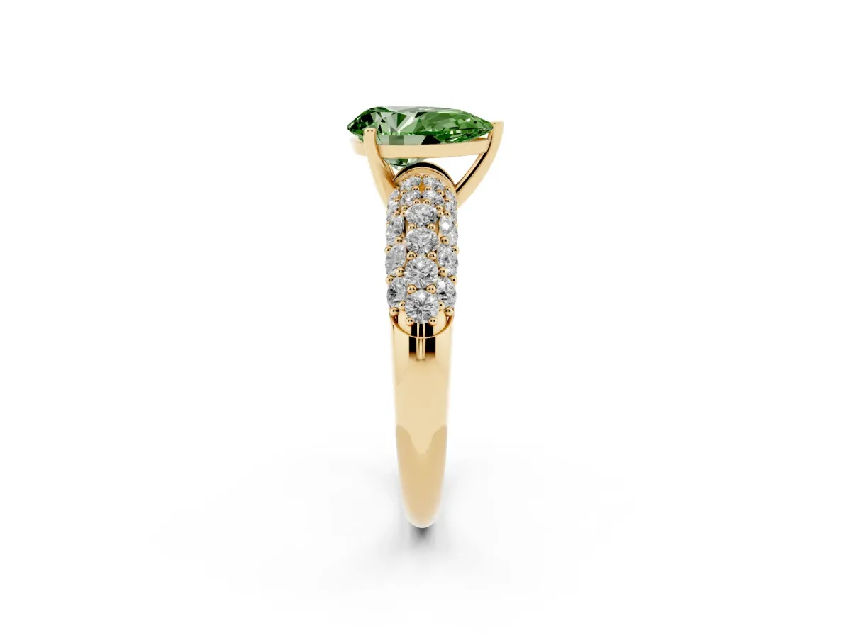Fancy Green Pear Cut Diamond Pavé Band Solitaire Ring with Four-Prong Setting Yellow gold
