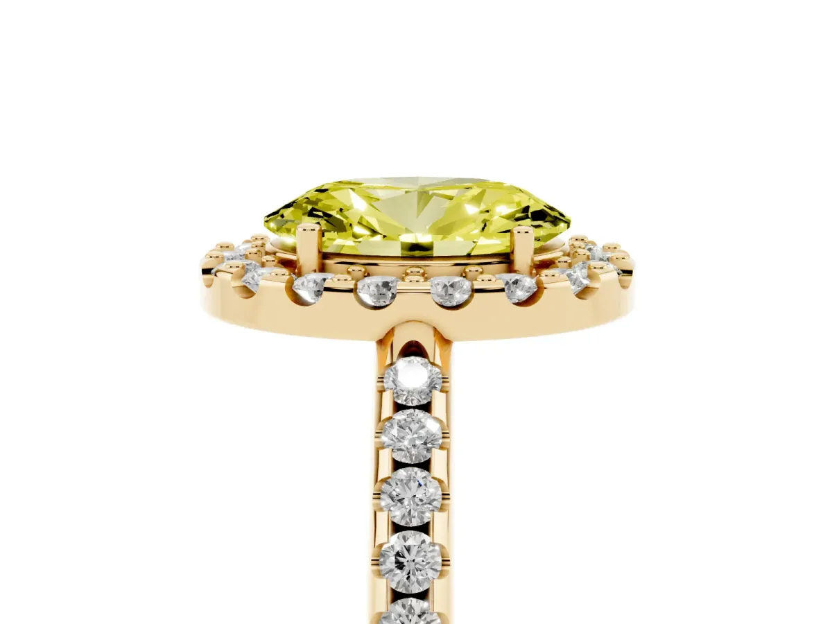 Fancy Yellow Oval Cut Diamond Pavé Halo Ring with Four-Prong Setting Yellow gold
