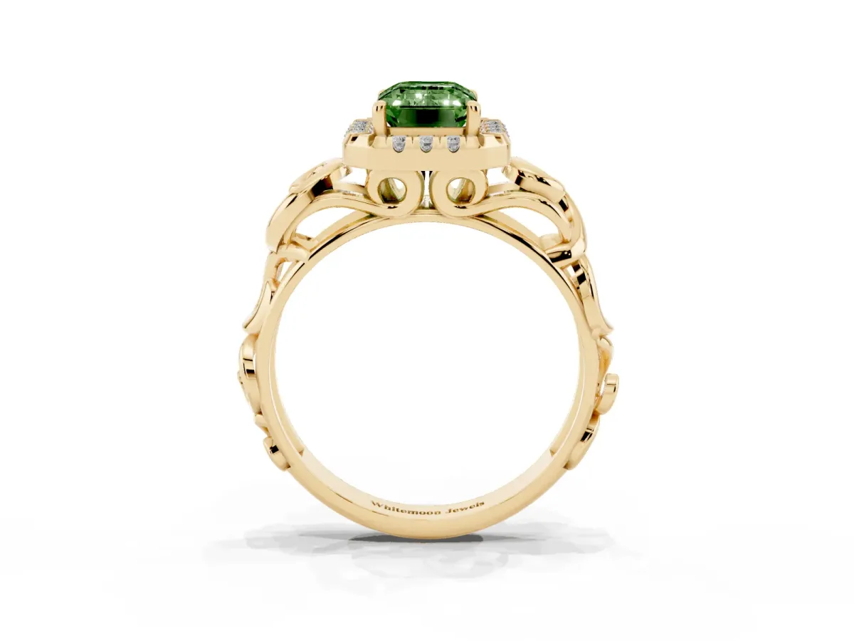Fancy Green Emerald Cut Cut Halo Diamond Ring with Scrollwork Band and Four-Prong Setting Yellow gold