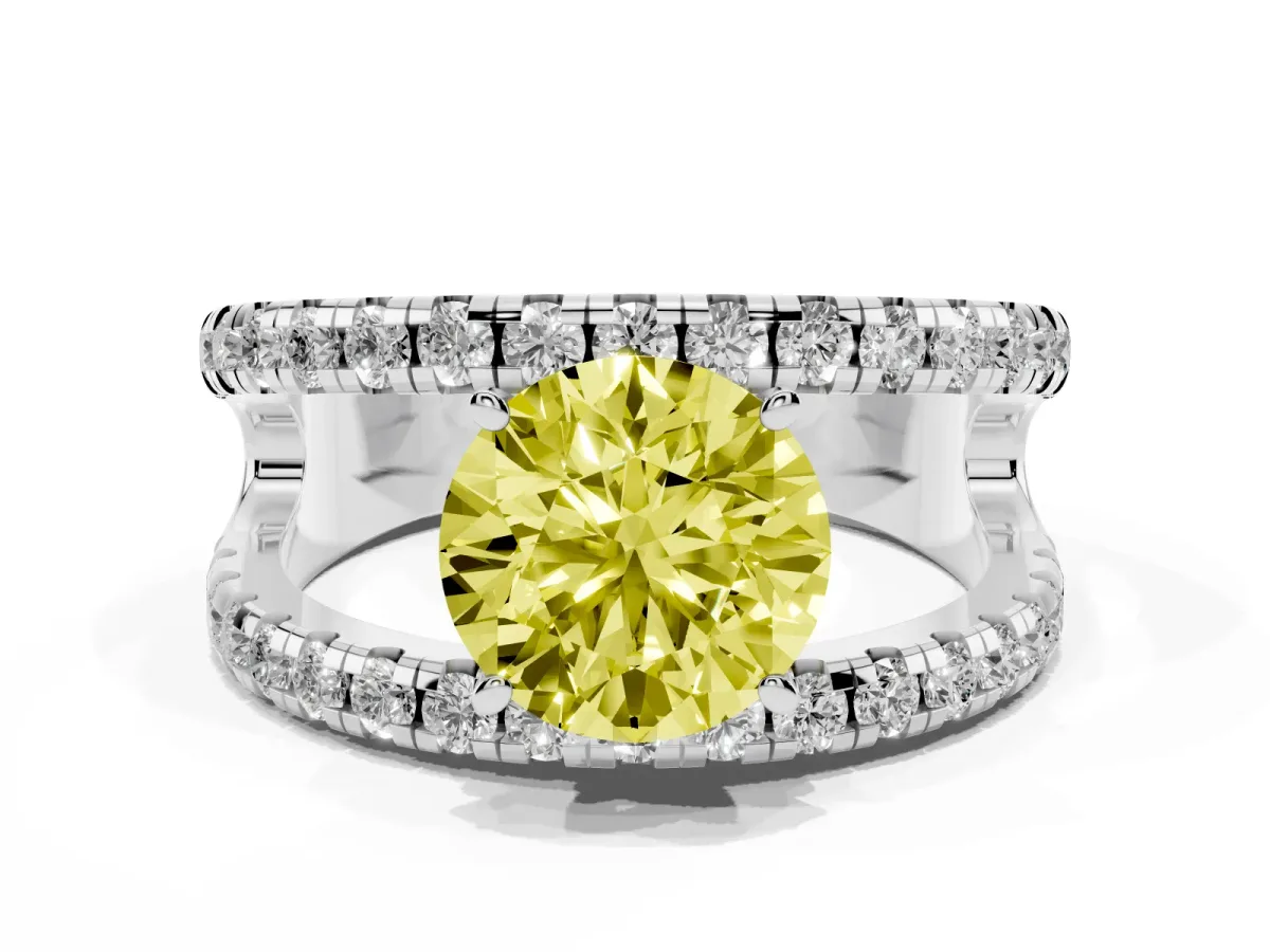 Fancy Yellow Round Cut Solitaire Split Shank Pave Diamond Ring Silver