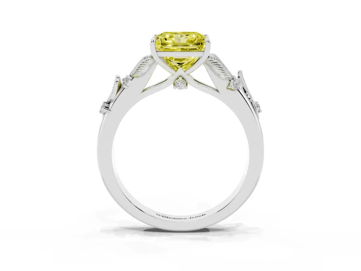 Fancy Yellow Princess Cut Diamond Solitaire Ring with Leaf Motif Band and Four-Prong Setting Silver