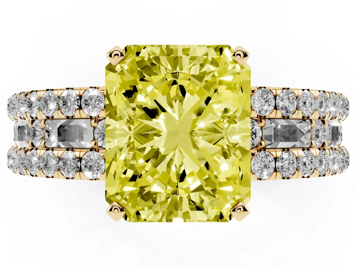 Fancy Yellow Radiant Cut Diamond Solitaire Ring with Pavé and Channel Set Band Yellow gold
