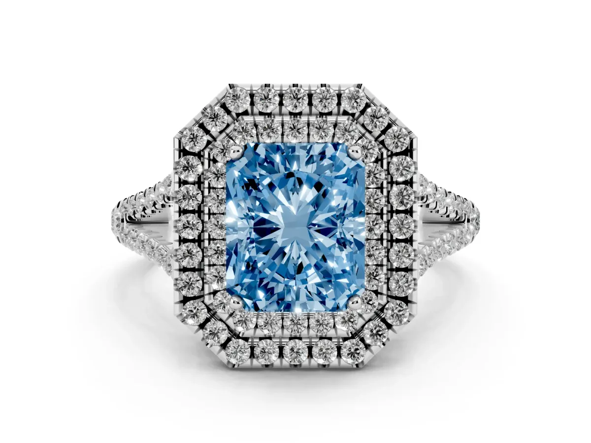 Fancy Blue Radiant Cut Diamond Double Halo Ring with Pavé Band and Prong Setting White gold