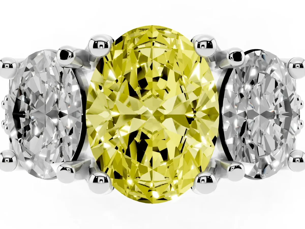 Fancy Yellow Oval Cut Diamond Three-Stone Ring with Channel Set Band and Four-Prong Setting Silver