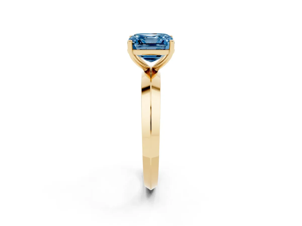 Fancy Blue Asscher Cut Cut Solitaire Engagement Ring with Flat Band and Four-Prong Setting Yellow gold