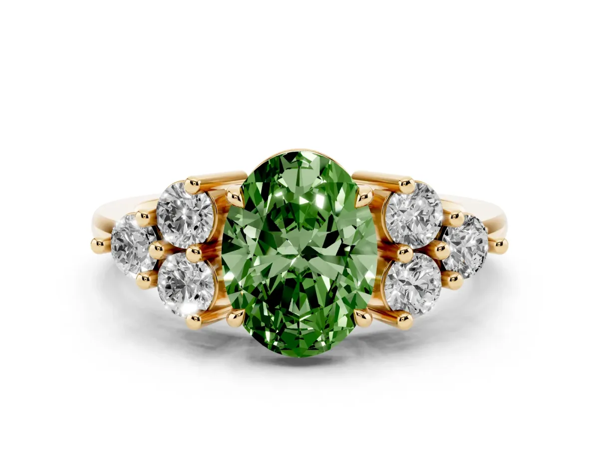 Fancy Green Oval Cut Brilliant Diamond Cluster Accent Solitaire Ring with Prong Setting Yellow gold