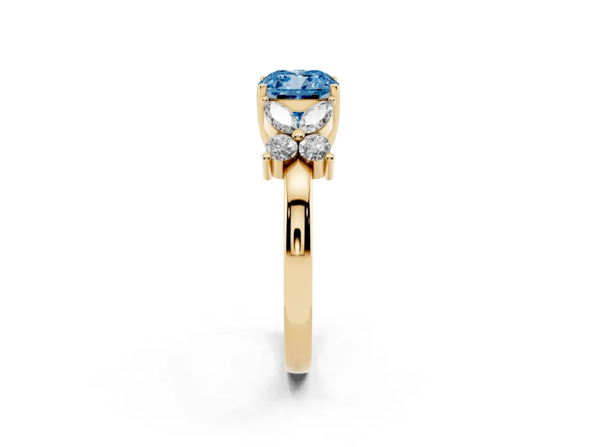 Fancy Blue Cushion Cut Diamond Floral Cluster Ring with Solitaire Band and Prong Setting Yellow gold