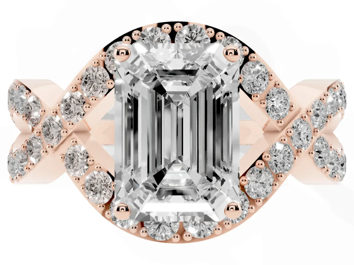 Emerald Cut Solitaire Twist Band Pavé Diamond Engagement Ring Rose gold