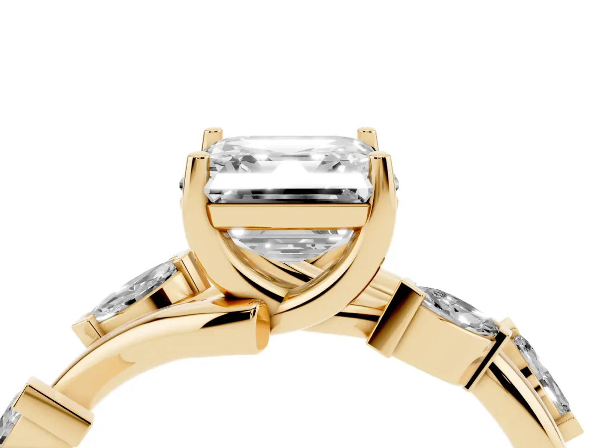 Asscher Cut Solitaire Twisted Band Marquise Accent Prong Setting Ring Yellow gold