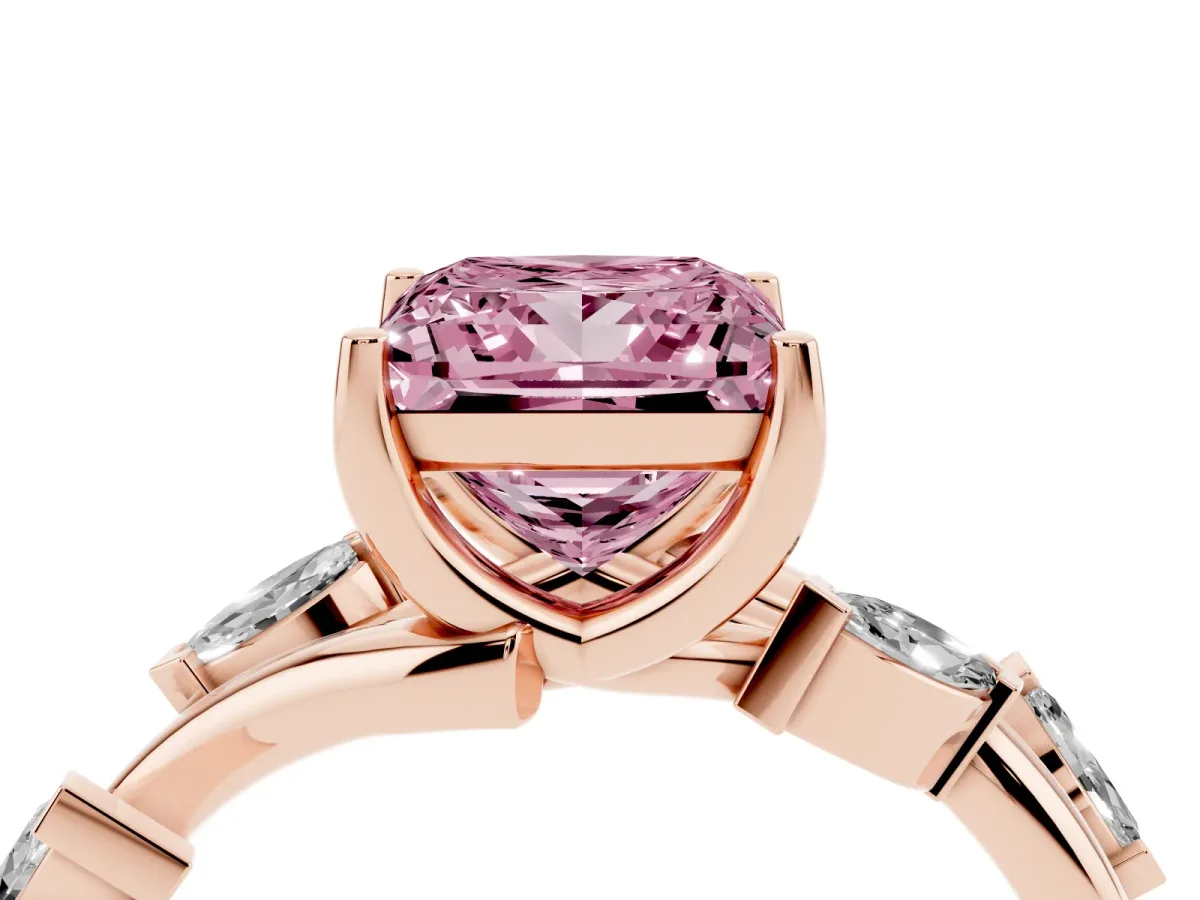 Fancy Pink Princess Cut Solitaire Twisted Band Marquise Accent Prong Setting Ring Rose gold