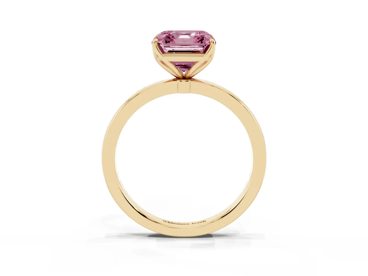 Fancy Pink Asscher Cut Diamond Solitaire Ring with Thin Band and Prong Setting Yellow gold