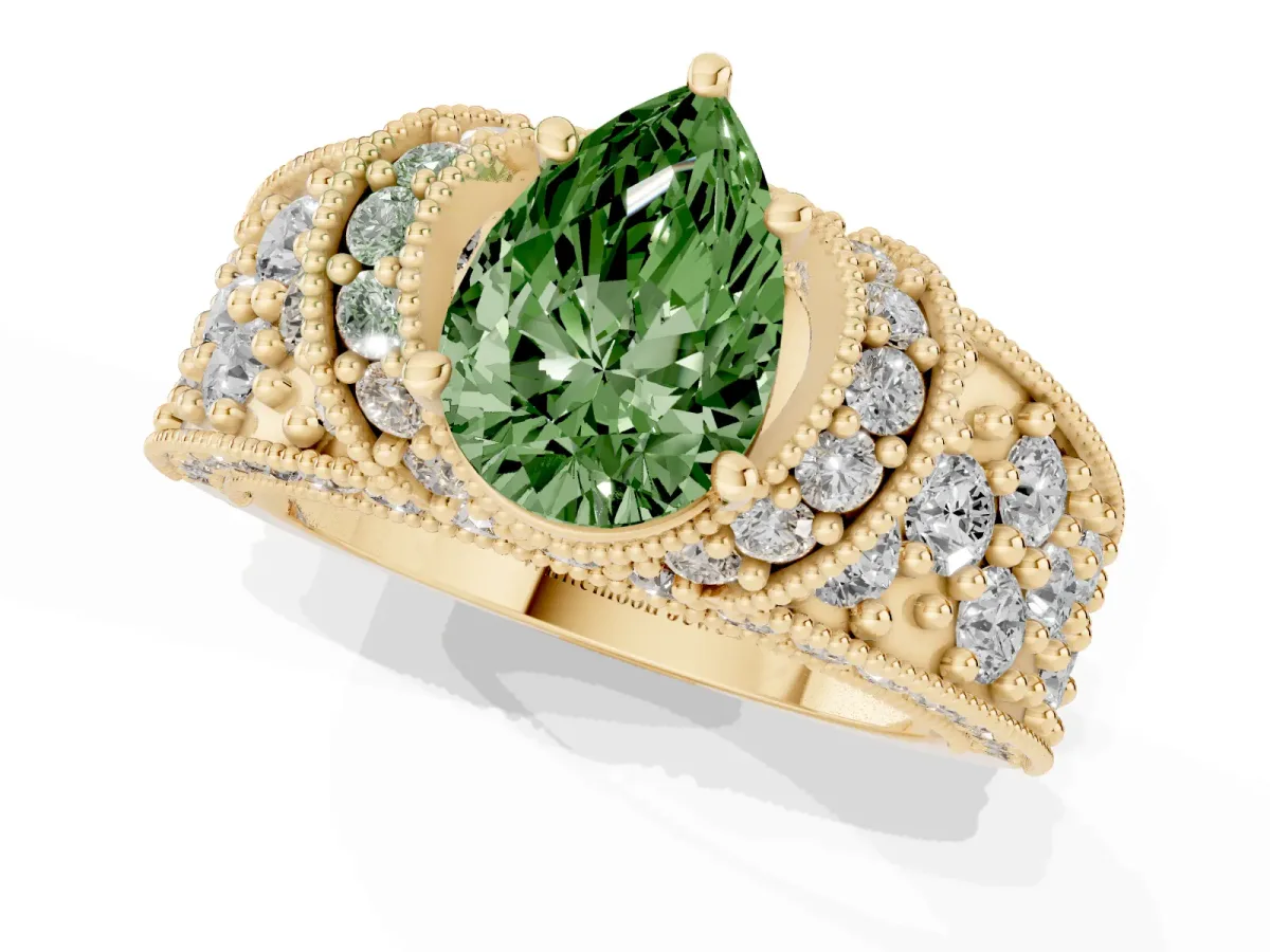 Fancy Green Pear Cut Halo Pave Diamond Engagement Ring with Milgrain Detailing Yellow gold