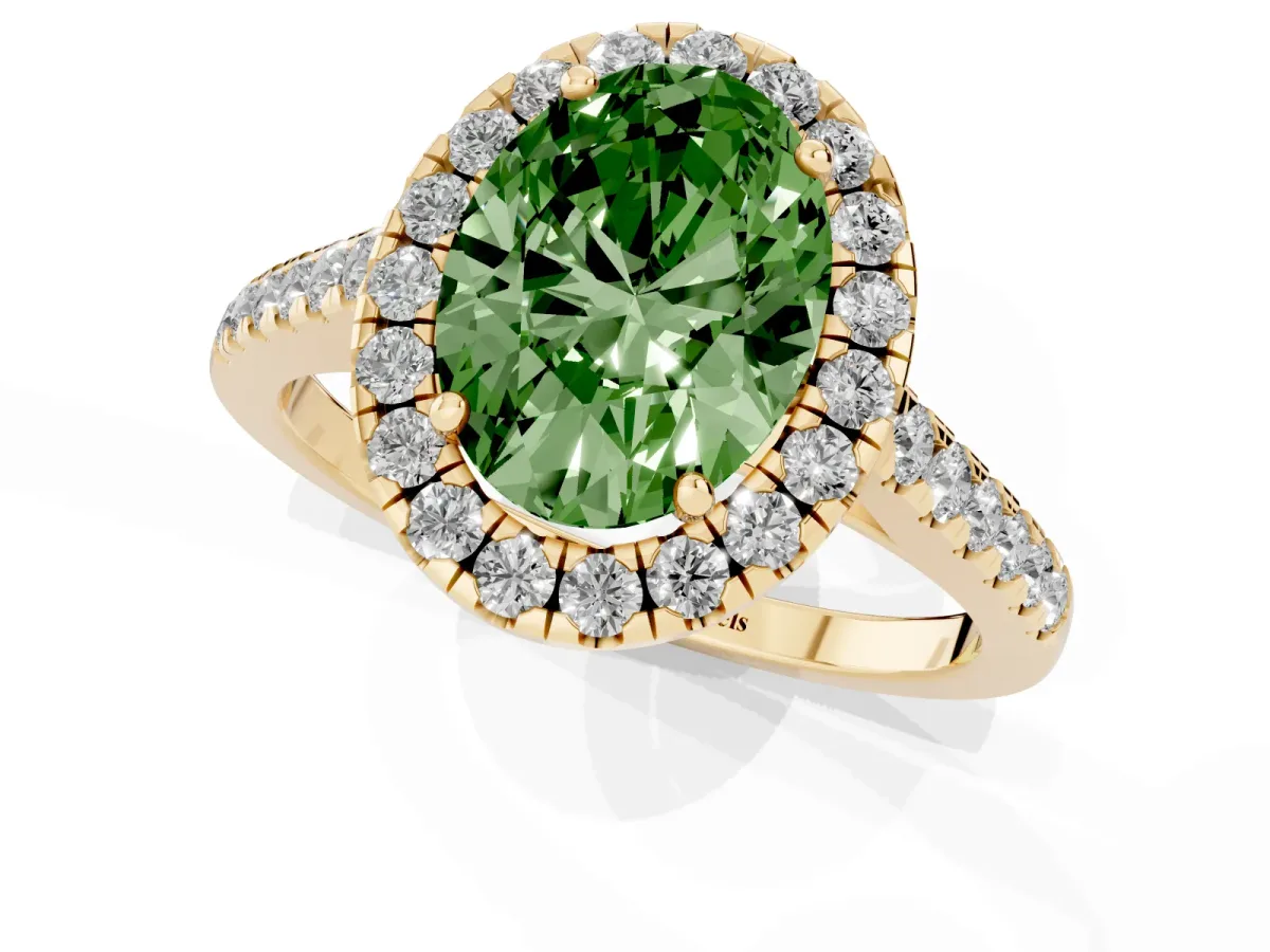 Fancy Green Oval Cut Halo Pave Diamond Engagement Ring with Four-Prong Setting Yellow gold