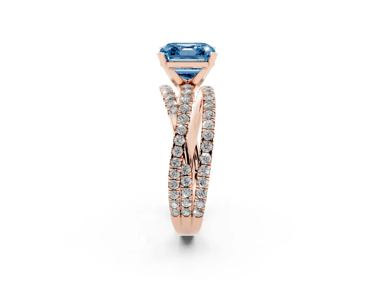 Fancy Blue Asscher Cut Solitaire Twist Band with Pavé Setting and Four-Prong Setting Rose gold