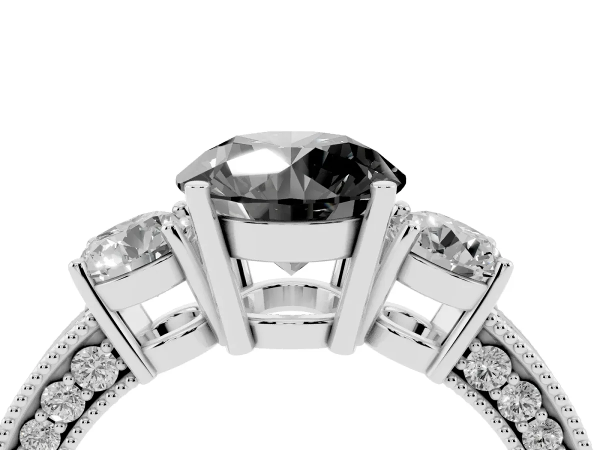 Fancy Black Round Cut Three-Stone Diamond Ring with Pavé Band and Four-Prong Setting Silver