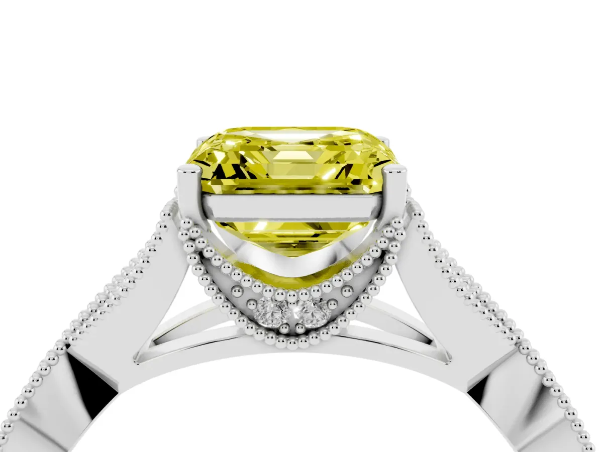 Fancy Yellow Asscher Cut Cut Diamond Twisted Band with Milgrain Pave Setting and Four-Prong Setting Silver