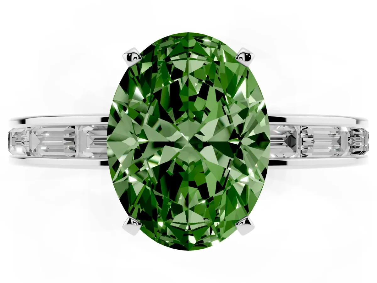 Fancy Green Oval Cut Solitaire Diamond Ring with Channel-Set Baguette Band and Four-Prong Setting White gold