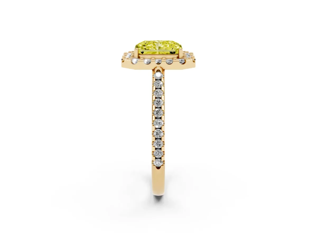 Fancy Yellow Radiant Cut Diamond Pavé Halo Ring with Four-Prong Setting Yellow gold