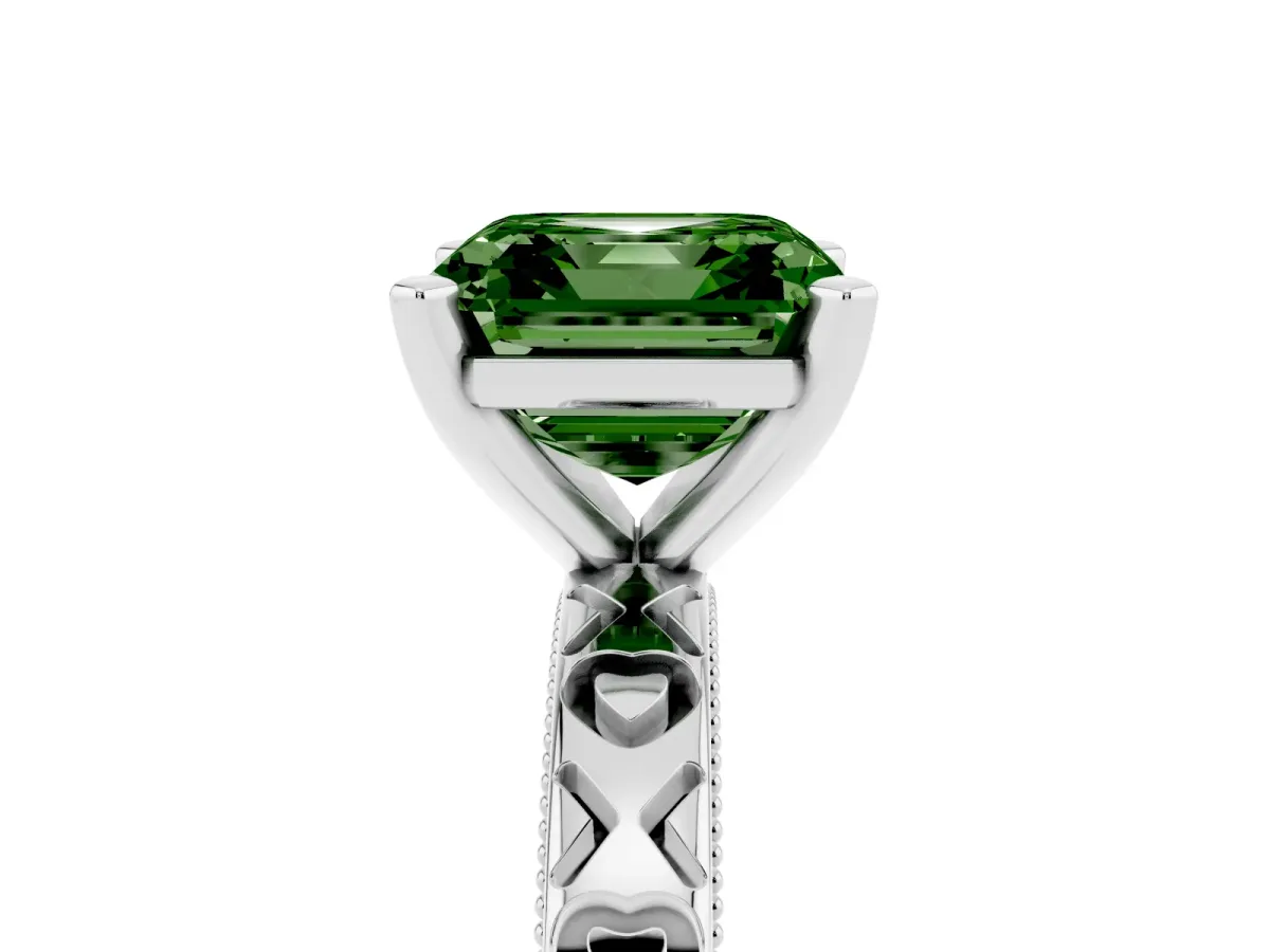 Fancy Green Asscher Cut Solitaire Diamond Engagement Ring with XO Engraved Band and Four-Prong Setting Platinum