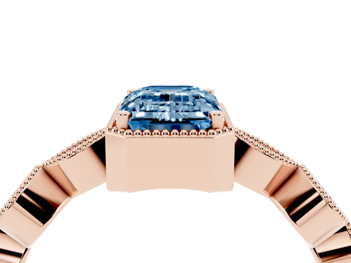 Fancy Blue Emerald Cut Diamond Vintage Milgrain Ring with Round Stations Rose gold