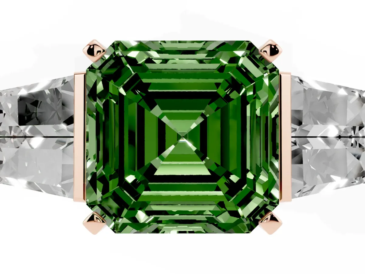 Fancy Green Asscher Cut Diamond Engagement Ring with Baguette Side Stones and Channel Set Band Rose gold