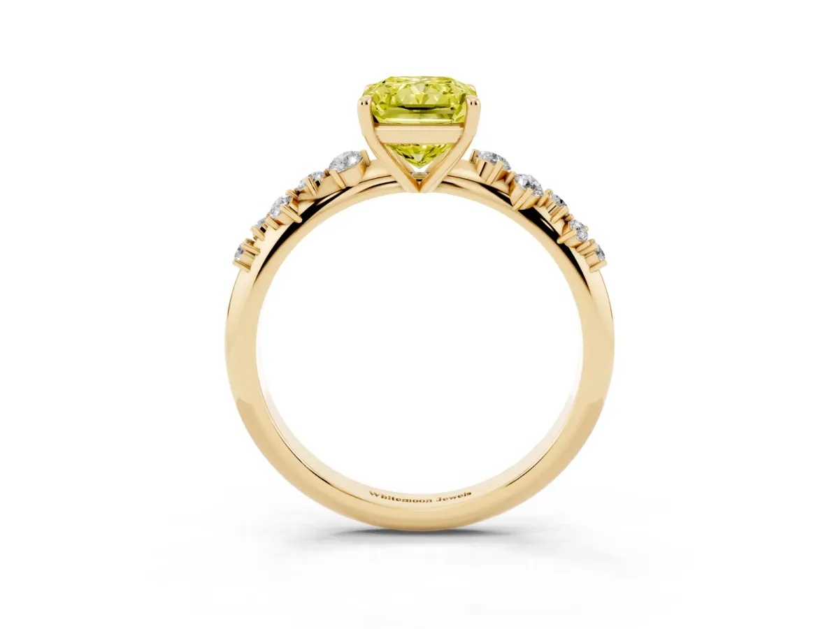 Fancy Yellow Radiant Cut Diamond Cluster Side Stone Solitaire Ring with Prong Setting Yellow gold
